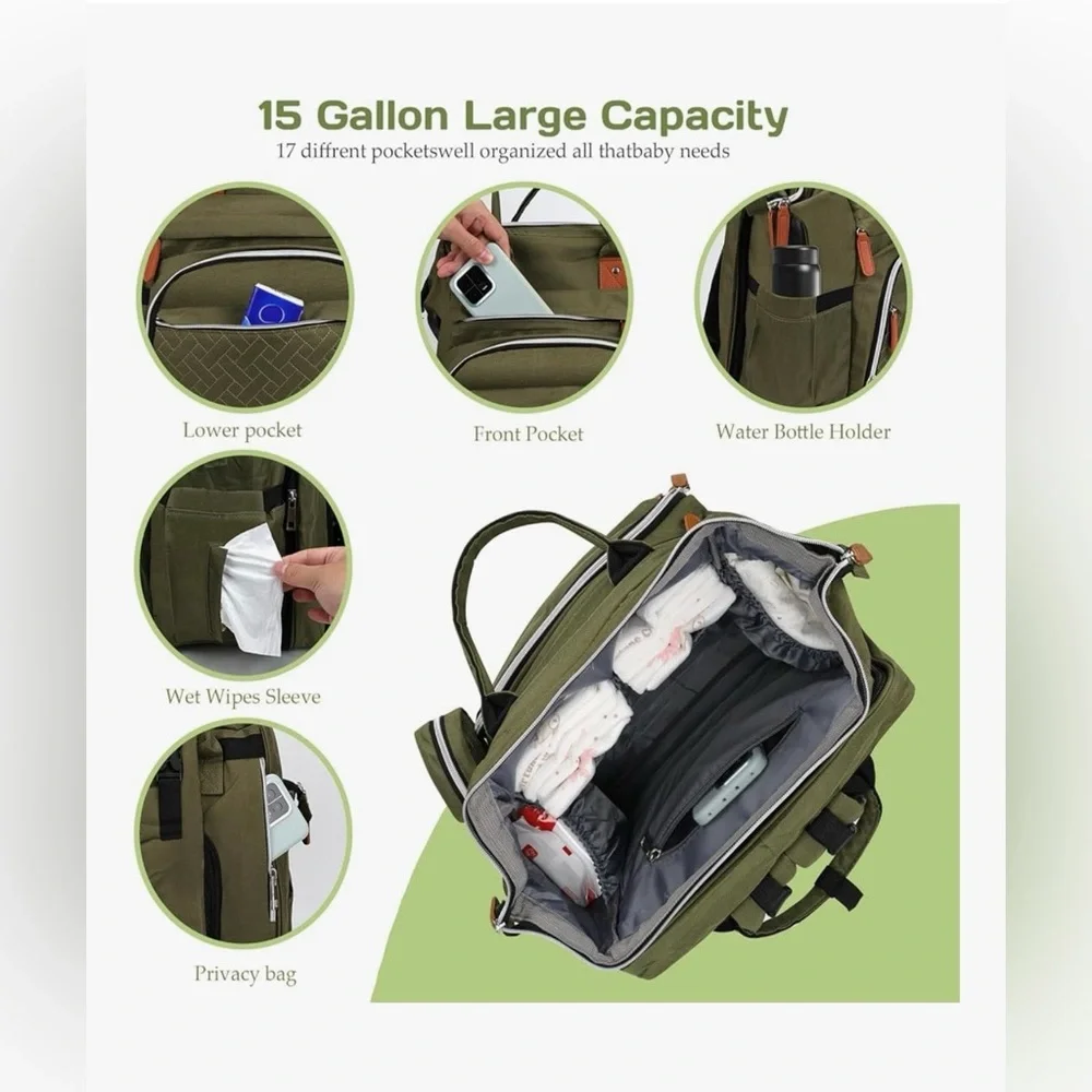 Multifunctional Green Diaper Bag Backpack